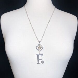 Initial E Monogram Letter Quatrefoil Silver & Gold Tone Long Necklace